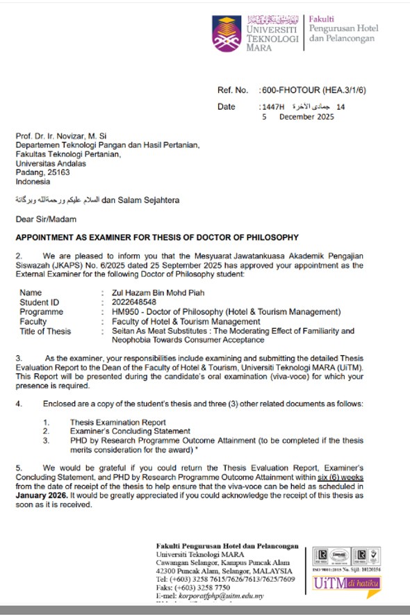 Prof. Dr. Novizar Nazir Menjadi Penguji Luar Negeri Sidang Doktoral di UiTM Malaysia
